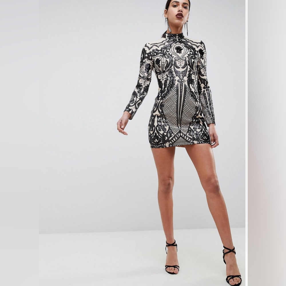 Long Sleeve Sequin Mini Dress Embroidered Luxury Black Beige Large